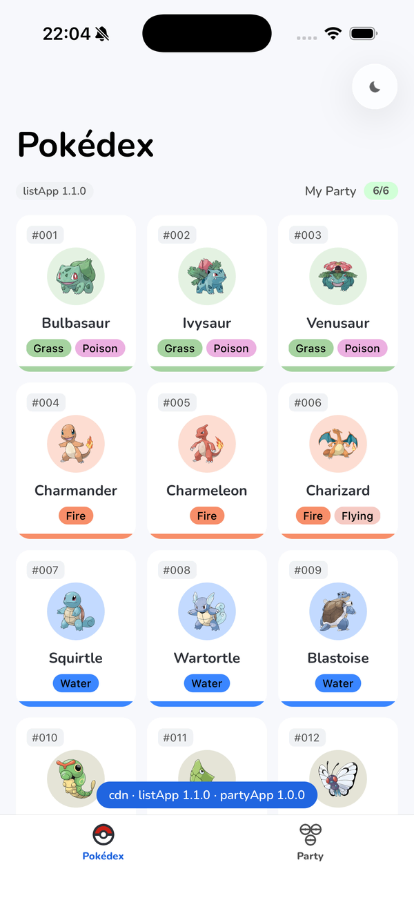 The flip on iOS: the Pokédex header reads listApp 1.1.0 and My Party 6/6 on a pale green pill, a card shows one line of the version map changing from 1.1.0 to 1.2.0 with nothing rebuilt, and after the relaunch the header reads listApp 1.2.0 and Party full 6/6 on a deeper green pill