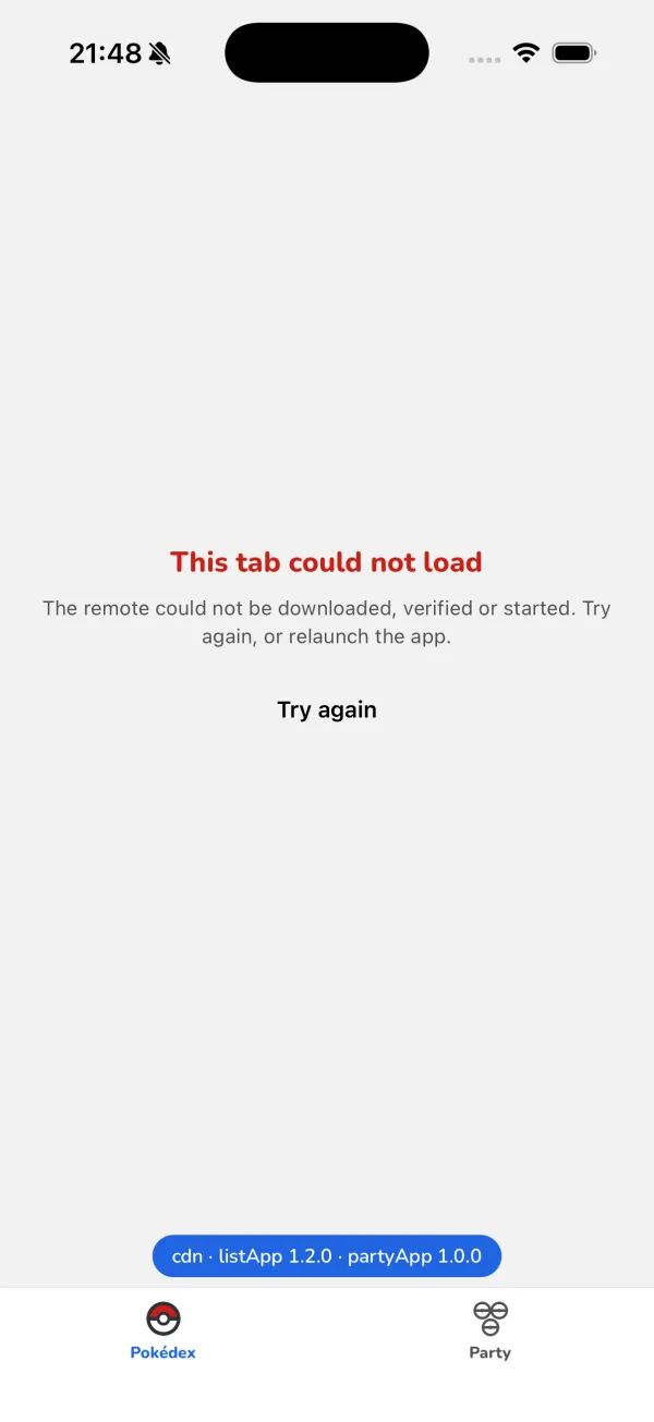 The Release build after a tampered chunk: the Pokédex tab shows This tab could not load, a line saying the remote could not be downloaded, verified or started, and a Try again button, while the federation banner above the tab bar still reads cdn, listApp 1.2.0, partyApp 1.0.0 and the Party tab is available