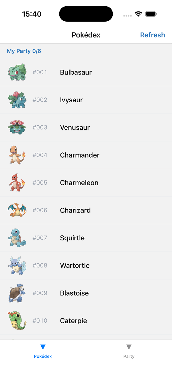 The add flow on iOS: the Pokédex header reads My Party 0/6, a detail opens with an Add to party button, the tap lands, the counter ticks to 1/6, and the Party tab shows Bulbasaur in the first slot