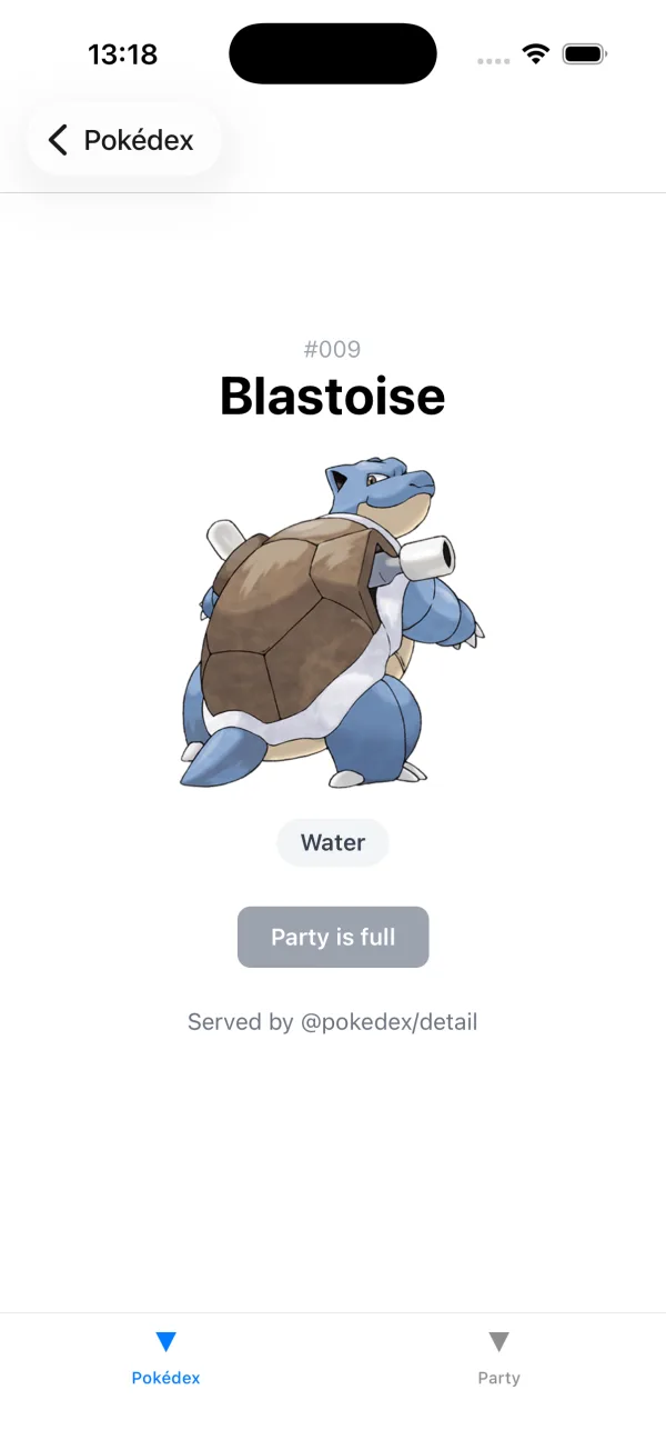 The detail screen at the party cap: the Add button disabled and relabelled Party is full