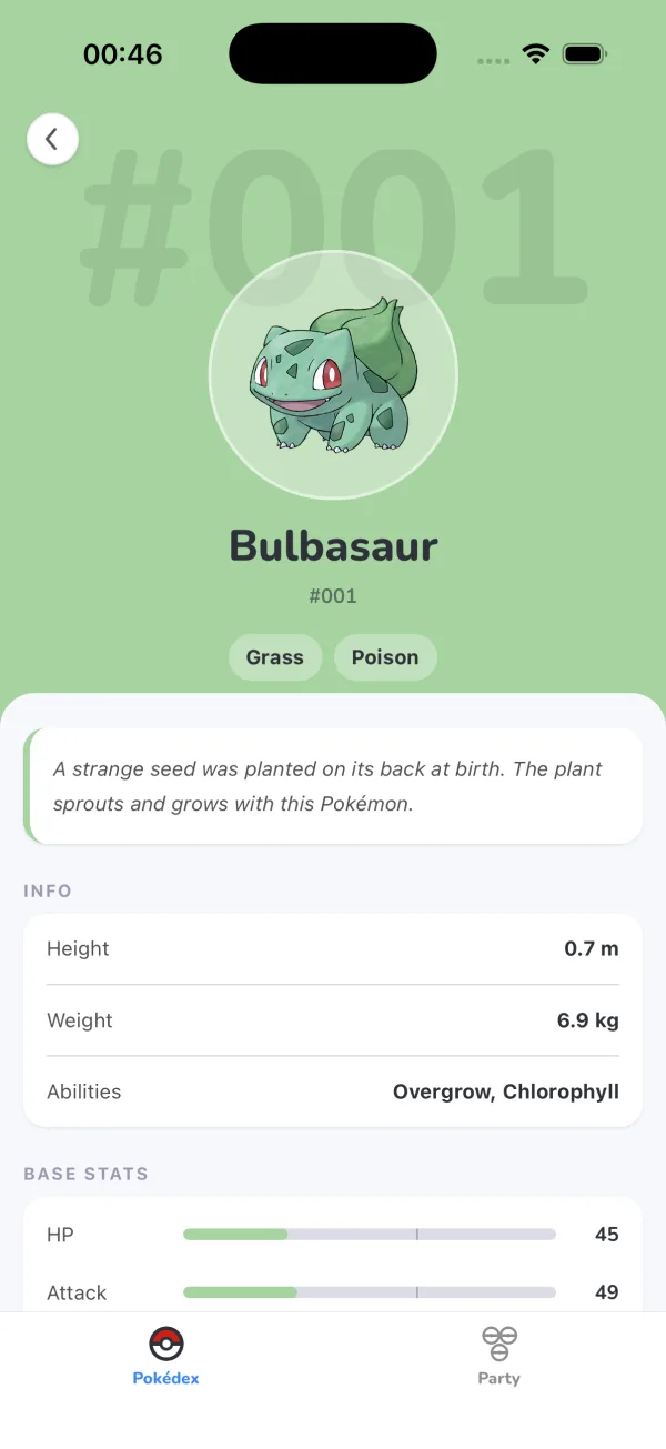 The finished Pokémon detail screen: a grass-green hero with the sprite in a translucent ring over a ghost #001, Bulbasaur's name and type pills, then a flavour-text quote card, Info rows and Base Stats bars in floating cards