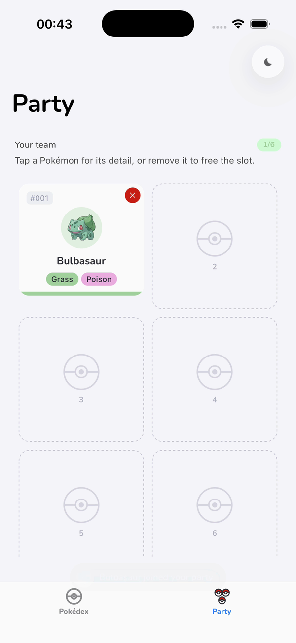 Animated: a tap on a party member's remove badge, the grid springing closed around the drawn empty slots, and a capsule confirming Bulbasaur left your party