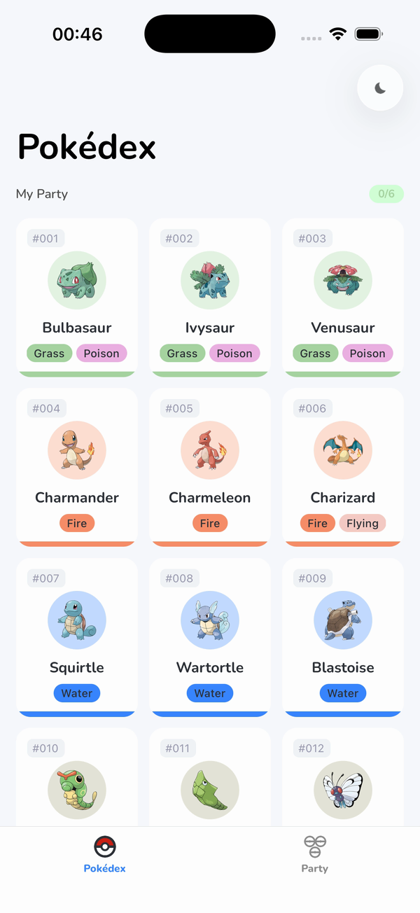 Animated: the Pokédex grid pulled down, the refresh spinner spinning above the cards, then the grid settled back
