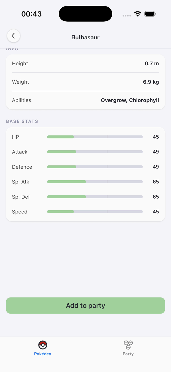 Animated: a tap on the type-coloured Add to party button, then a navy capsule rising over the tab bar with Bulbasaur's sprite and the words Bulbasaur joined your party