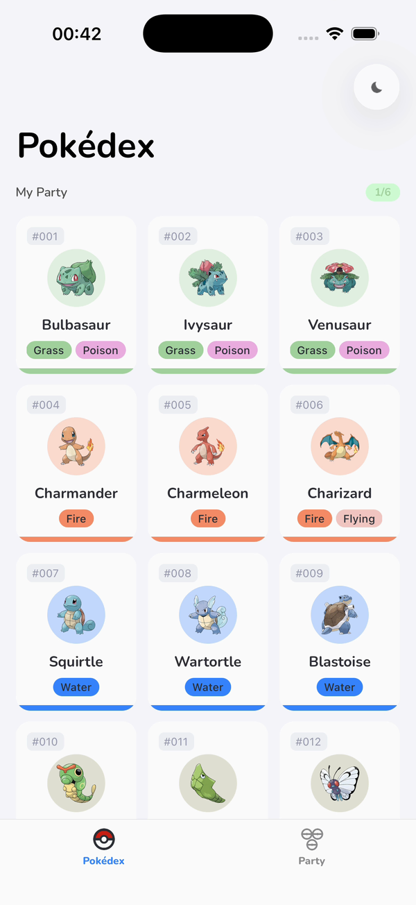 Animated: the Pokédex list in light mode, a tap on the header's theme toggle, the same list repainted navy with tonal type badges, then the Party tab equally dark: three separately shipped bundles re-themed by one press