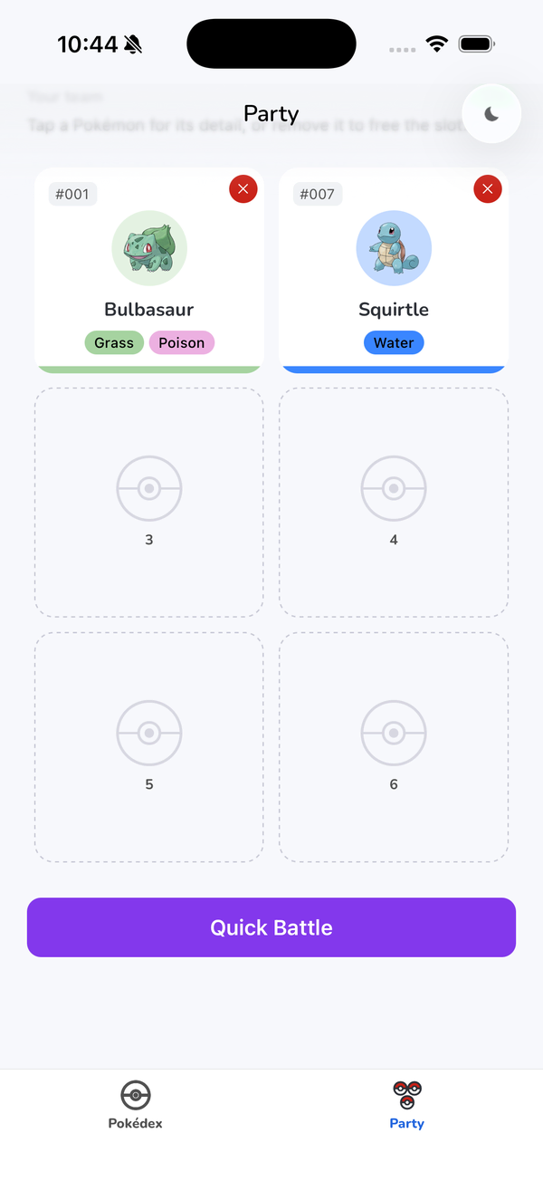 The round trip on iOS: Quick Battle tapped in the federated Party tab, the native SwiftUI sheet presents with its NATIVE iOS badge and the party rendered as design-system cards, Battle rings the winner, Done dismisses, and the Party tab's banner reads Last battle winner