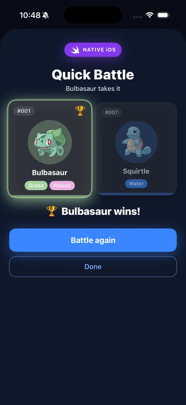 The native Quick Battle sheet in dark mode: two party members drawn in the design system's card language, the winner ringed and haloed in its type colour, under a purple NATIVE iOS badge
