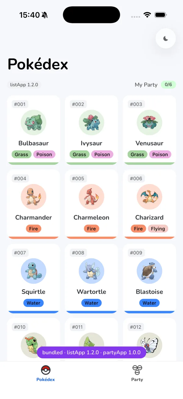 Ang Release build na nakahinto ang CDN: naglilista ang Pokédex tab ng mga Pokémon mula Bulbasaur pataas sa ilalim ng chip na listApp 1.2.0, at bundled, listApp 1.2.0, partyApp 1.0.0 ang nakasulat sa purple na banner sa itaas ng tab bar