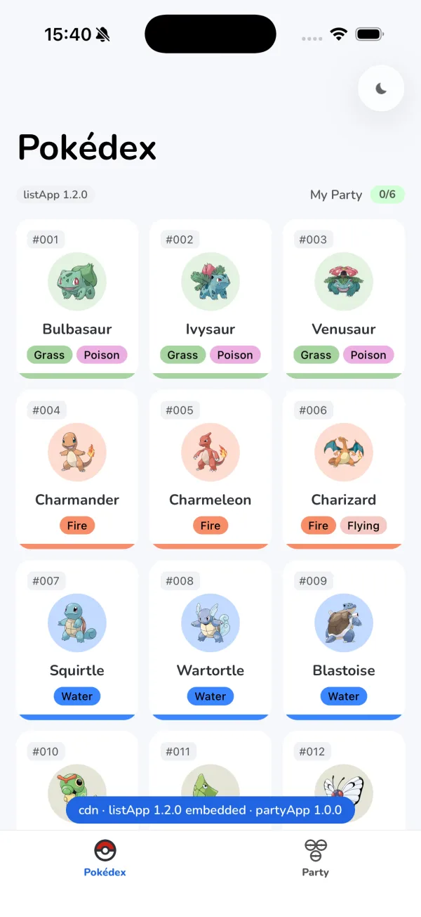Ang Release build na wala sa CDN ang version ng list: naglilista ang Pokédex tab ng mga Pokémon mula Bulbasaur pataas sa ilalim ng chip na listApp 1.2.0, at cdn, listApp 1.2.0 embedded, partyApp 1.0.0 ang nakasulat sa asul na banner