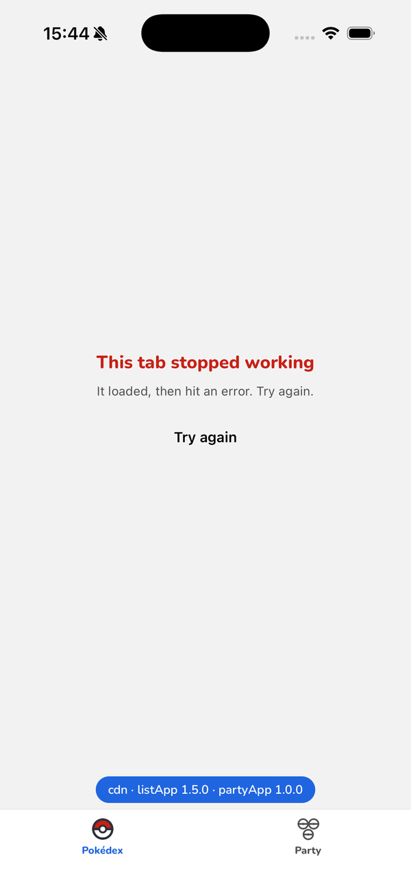 Ipinapakita ng Pokédex tab sa list 1.5.0 ang This tab stopped working na may Try again button, pinipindot ang button, at nagre-render ang list na may chip na listApp 1.5.0 habang cdn, listApp 1.5.0, partyApp 1.0.0 ang nakasulat sa banner