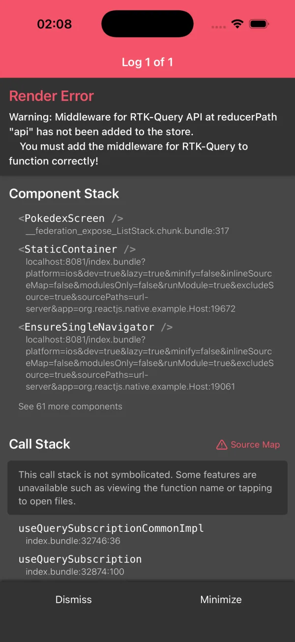 A full-screen React Native error box: middleware for RTK-Query API at reducerPath 'api' has not been added to the store, with the component stack pointing into the list remote's federated chunk
