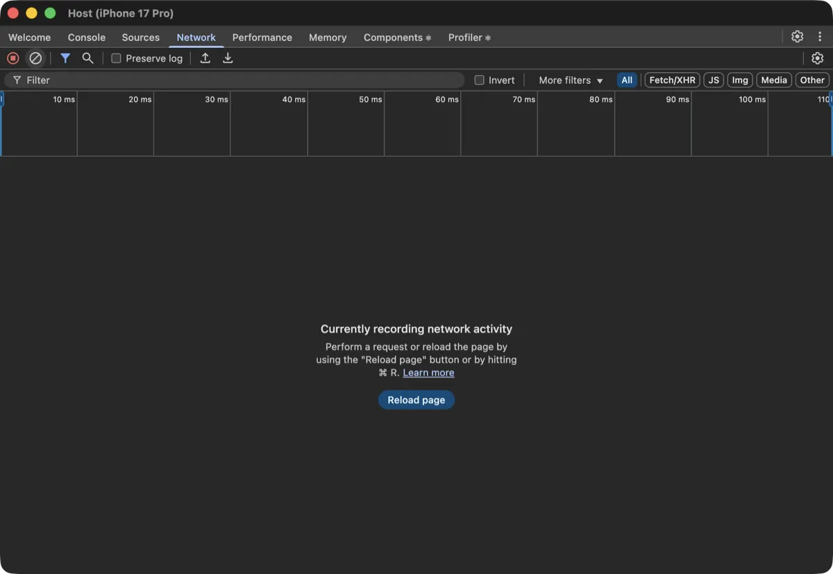 React Native DevTools' Network panel: an empty log, then one Refresh tap lands two requests together, the GraphQL v1beta2 call and the REST pokemon list call, and the GraphQL row's preview shows the pokemontypes data arriving