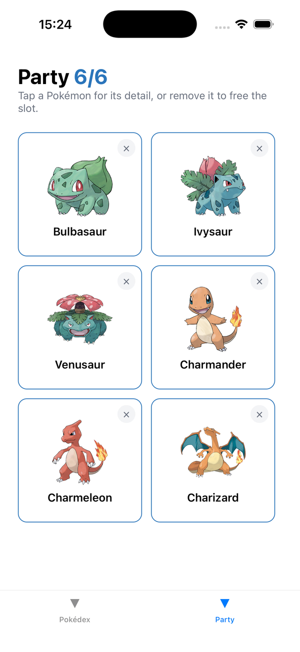 The cap bypass on iOS: the Party tab shows six of six, a long-press on a detail screen whose Add button reads Party is full runs partyStore.setState, and the Party tab then reads seven of six
