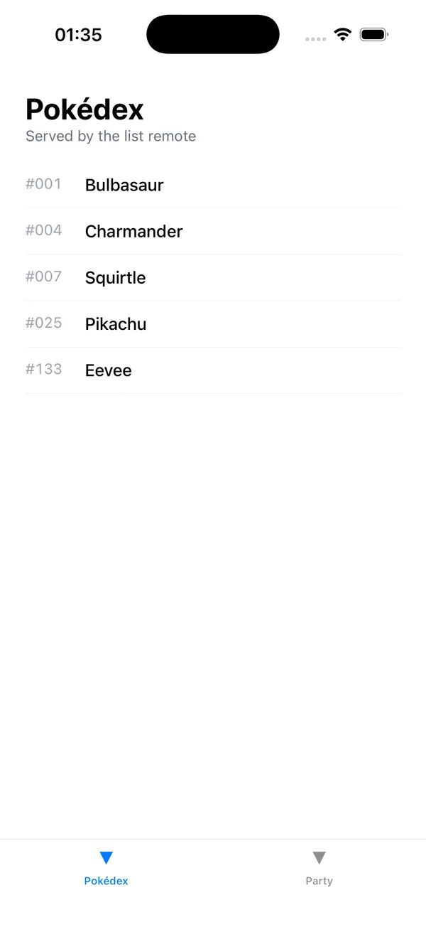The Pokédex tab on iOS: tapping a row pushes the Pokémon detail screen inside the tab while the bottom tab bar stays visible