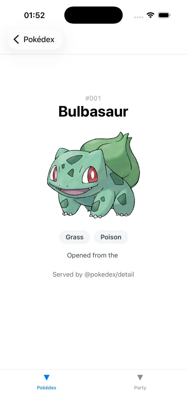 The Pokémon detail screen reading 'Opened from the' with nothing after it, because the list app holds an older contract version and never passed the field the newer screen renders