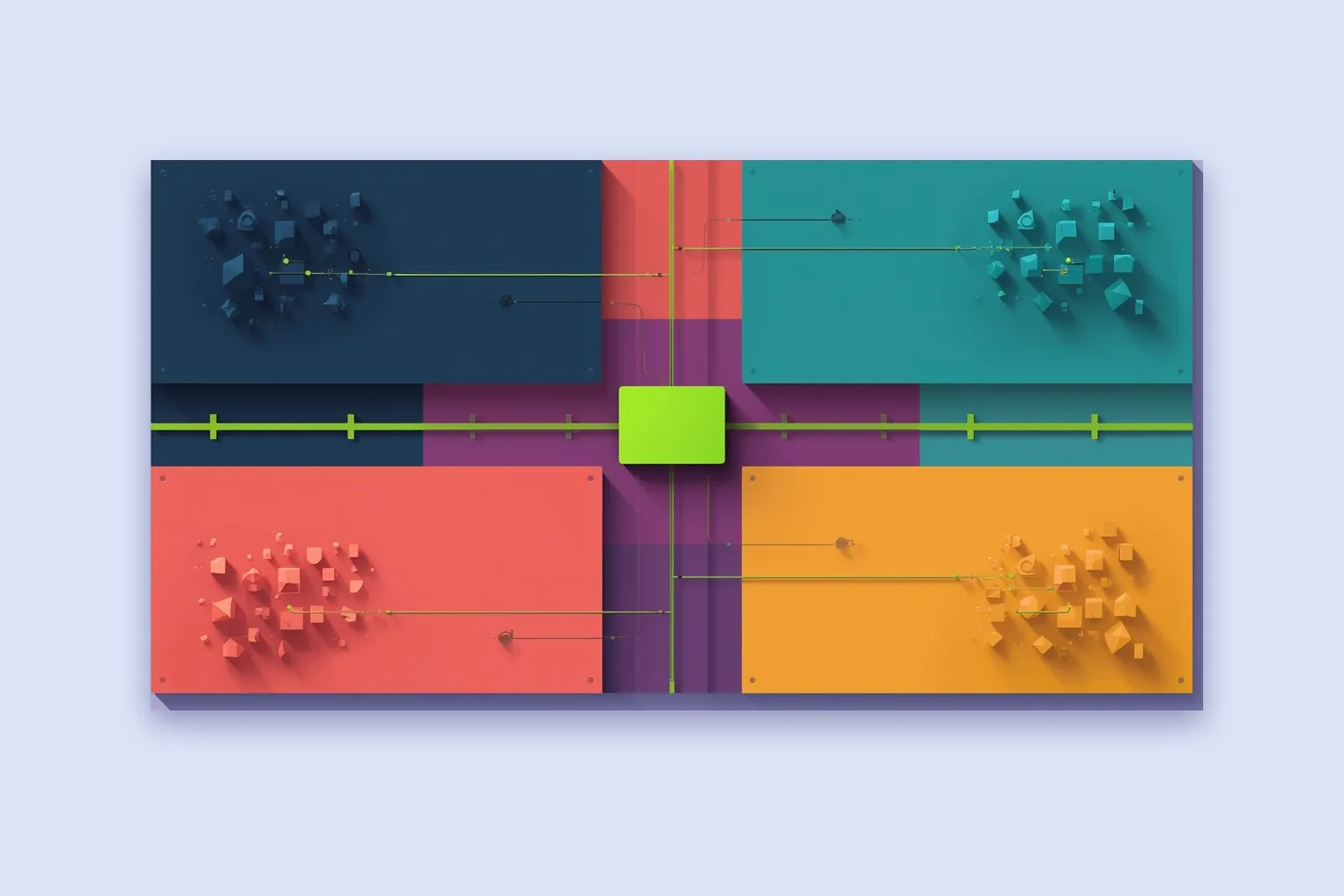 A federated app drawn as territories owned by different teams, joined by thin shared rails and one small central shell