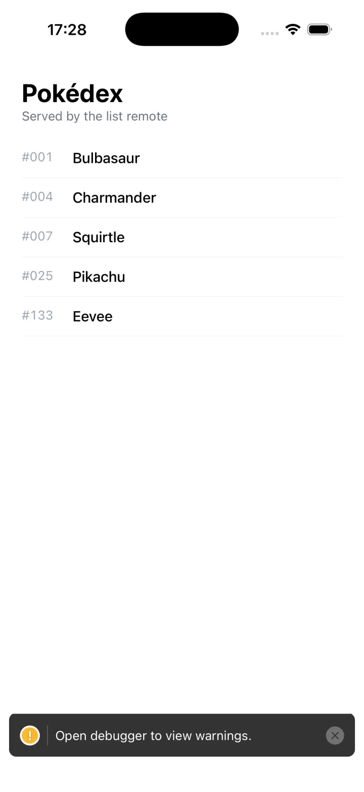 The host app showing a Pokédex screen served by the list remote